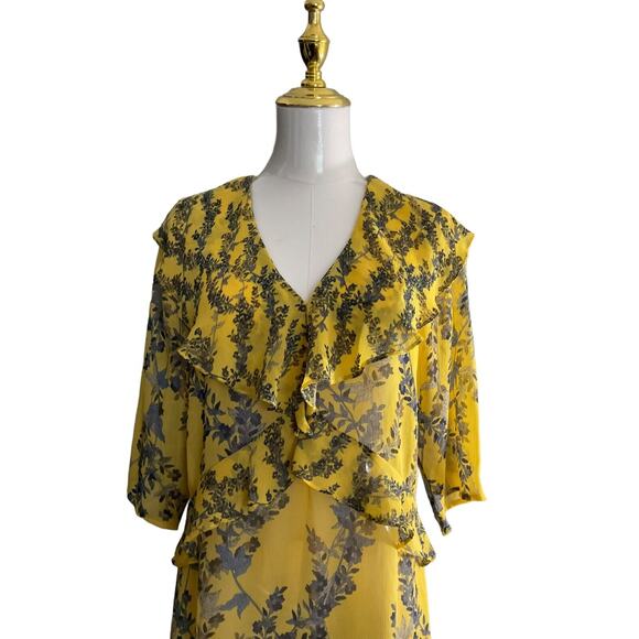 BCBGMAXAZRIA XXS Yellow Dress Floral V-Neck Ruffle Tiered Hemline Polyester - Picture 9 of 12